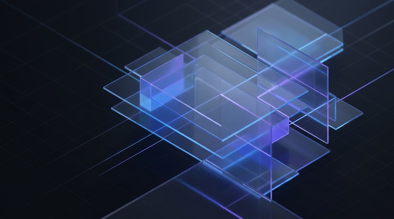 Abstract geometric composition of glowing glass panels representing a modern business website