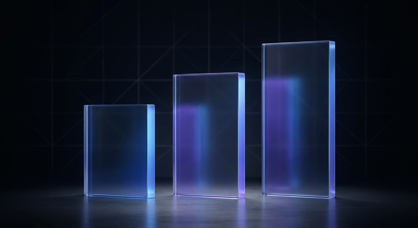 Three glowing vertical glass slabs representing pricing tiers