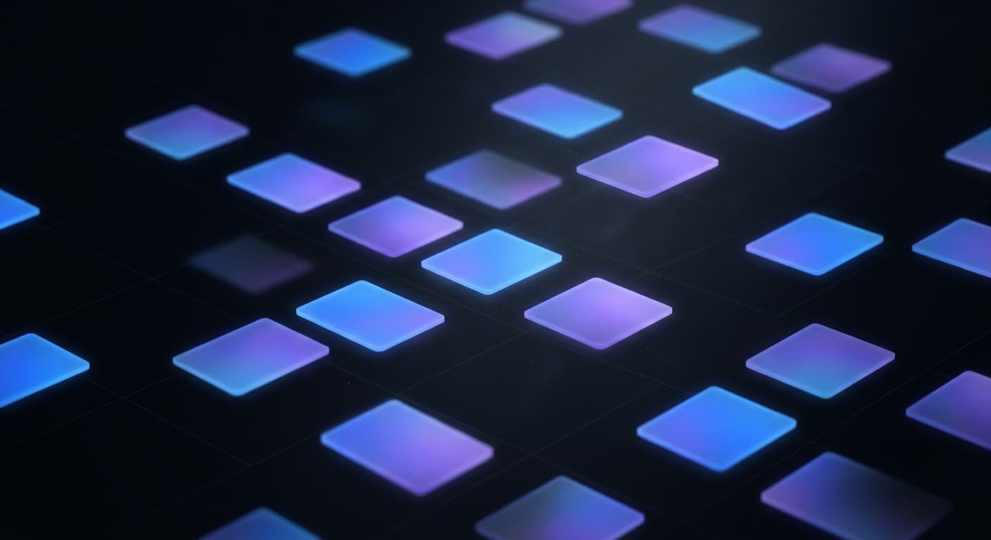 Abstract grid of glowing cards representing a system of website services